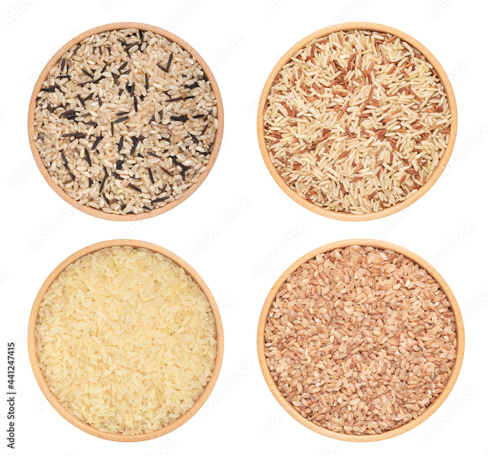 set of bowls with rice isolated on white. mix of wild and brown rice, mix of wild with red, white rice and devzira rice. top view. set of bowls with rice isolated on white. mix of wild and brown rice, mix of wild with red, white rice and devzira rice. top view.