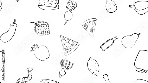 Black and white endless seamless pattern of food and snack items icons set for restaurant bar cafe: shrimp, pizza, grapes, radish, soda, eggplant, squid, apple, cheese, lemon. The background