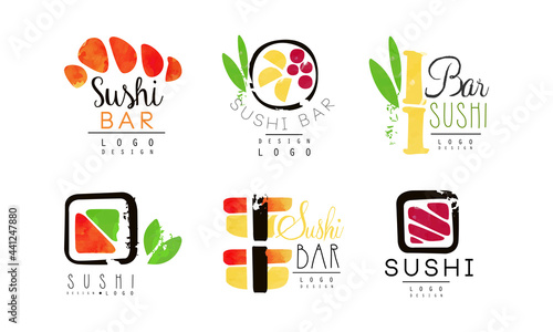Sushi Bar Logo Design Set, Japanese Food Restaurant, Delivery Service Labels Vector Illustration