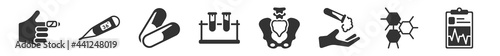 filled set of medical icons. glyph vector icons such as hurted finger with bandage, medical temperature control tool, medicine capsules, medical samples in test tubes couple, null, lifeline of