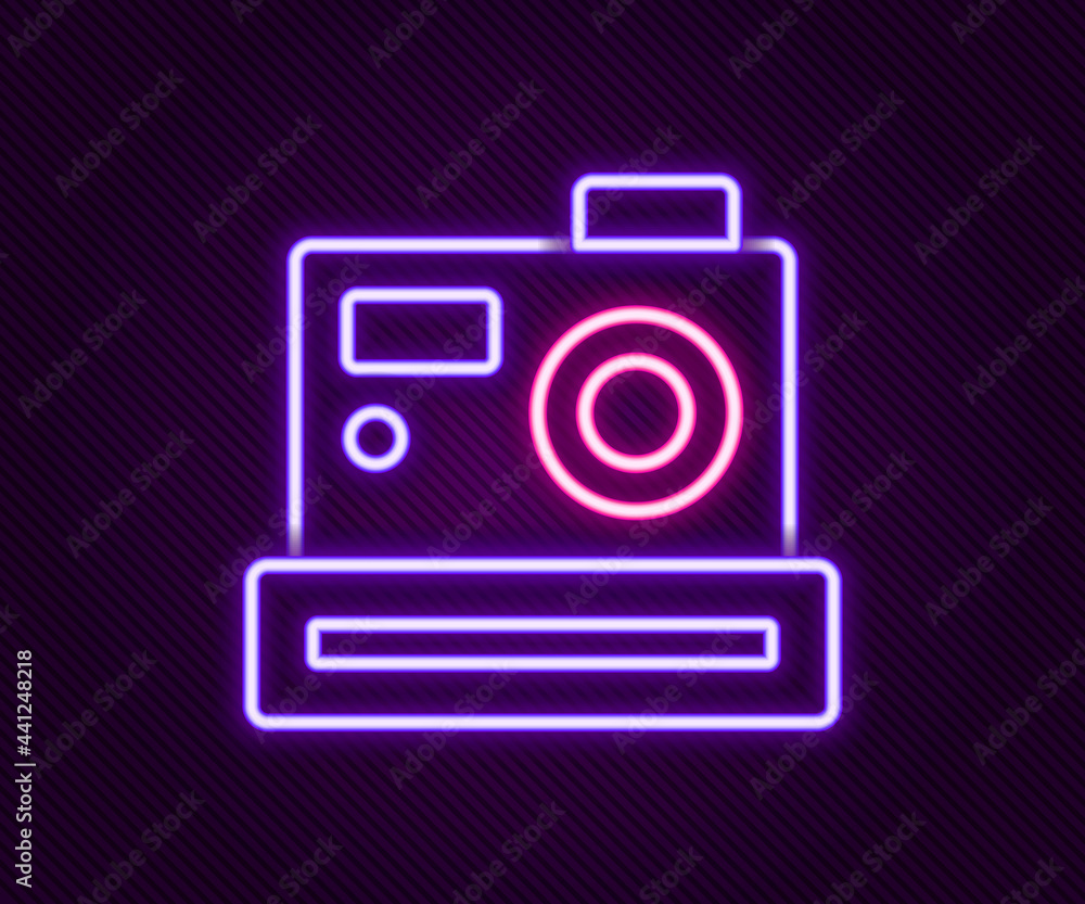 Fototapeta premium Glowing neon line Photo camera icon isolated on black background. Foto camera. Digital photography. Colorful outline concept. Vector