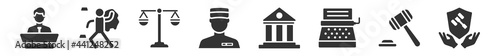 filled set of law and justice icons. glyph vector icons such as counsel, crime scene, justice scale, prisioner, law and justice, qualified protection. vector illustration.