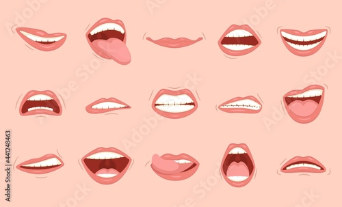 Set of emotional women's lips. Cartoon cute mouth expressions.