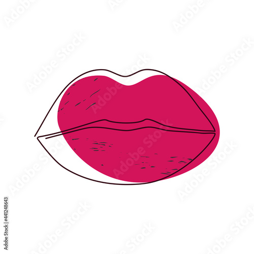 drawn by a solid one line contour of female lips on the background of an abstract pink spot on a white background