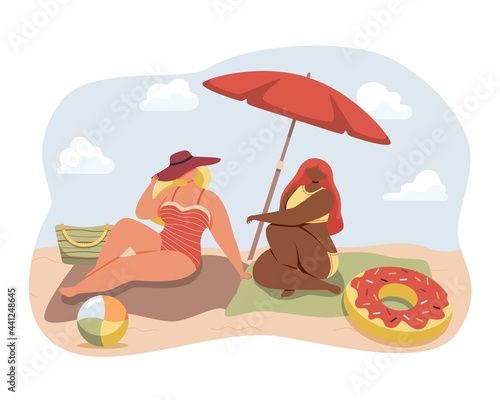 Happy friends or couple sunbathing on beach.