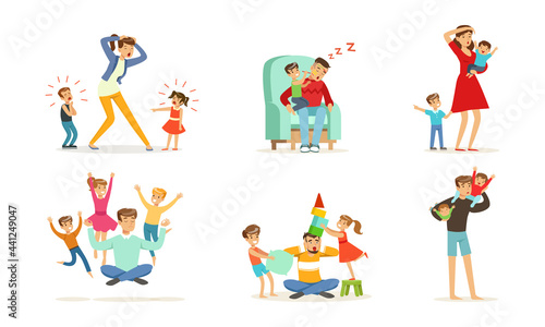 Stressed Tired Parents with Naughty Children Set  Exhausted Mom and Dad with Playful Kids Cartoon Vector Illustration