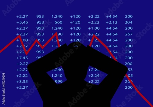 Desastre en la bolsa. Silueta de inversor o agente de bolsa llevándose las manos a la cabeza