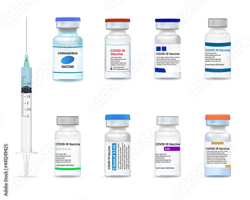 Realistic of Covid-19 coronavirus vaccine. Syringe and vaccine collection. Treatment for coronavirus covid-19. Isolated vector illustration.
