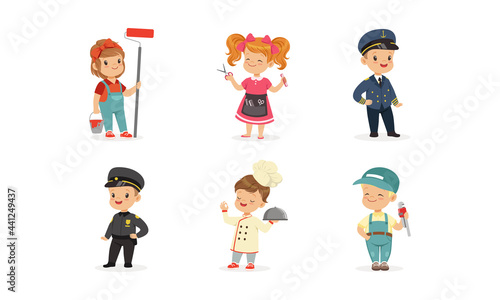 Cute Boys and Girls of Different Professions Set, Painter, Hairdresser, Pilot, Policeman, Cook, Plumber Cartoon Vector Illustration