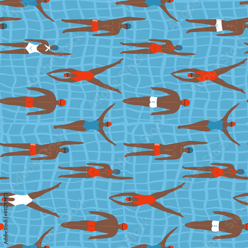 Swimming cartoon atheletes women and men in the swimming pool. Water sport seamless pattern in flat vectorstyle. Professional swimmers.