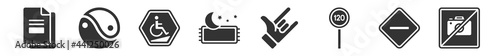 filled set of signs icons. glyph vector icons such as paper sheet, yin yang, ramp, isha prayer, hand, no camera. vector illustration.