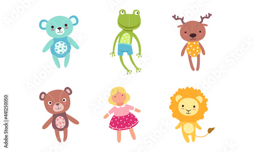 Kids Soft Toys Set, Frog, Deer, Teddy Bear, Doll, Lion Cartoon Vector Illustration