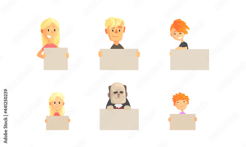 People Holding Empty Blank Banners Set, Funny Cheerful Persons Showing Empty Signboards Cartoon Vector Illustration People Holding Empty Blank Banners Set, Funny Cheerful Persons Showing Empty Signboards Cartoon Vector Illustration