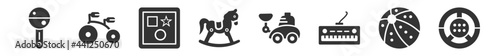 filled set of toys icons. glyph vector icons such as rattle toy, tricycle toy, shapes toy, rocking horse digger steering wheel vector illustration.
