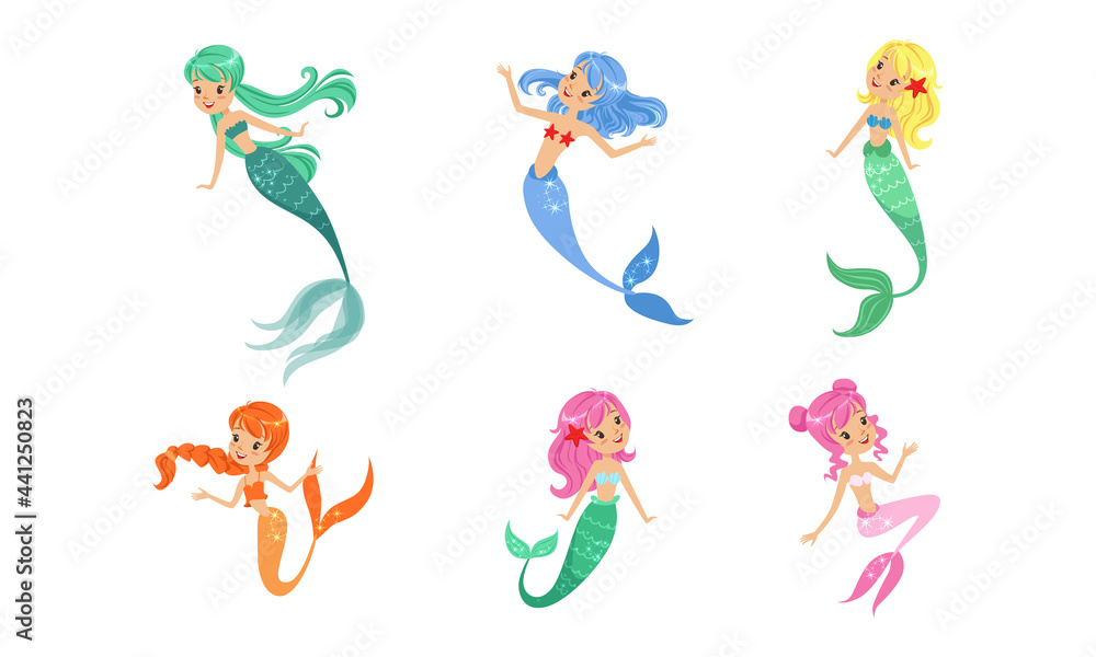 Little Cute Mermaids of Different Colors Set, Beautiful Mythical Marine Creatures Cartoon Vector Illustration
