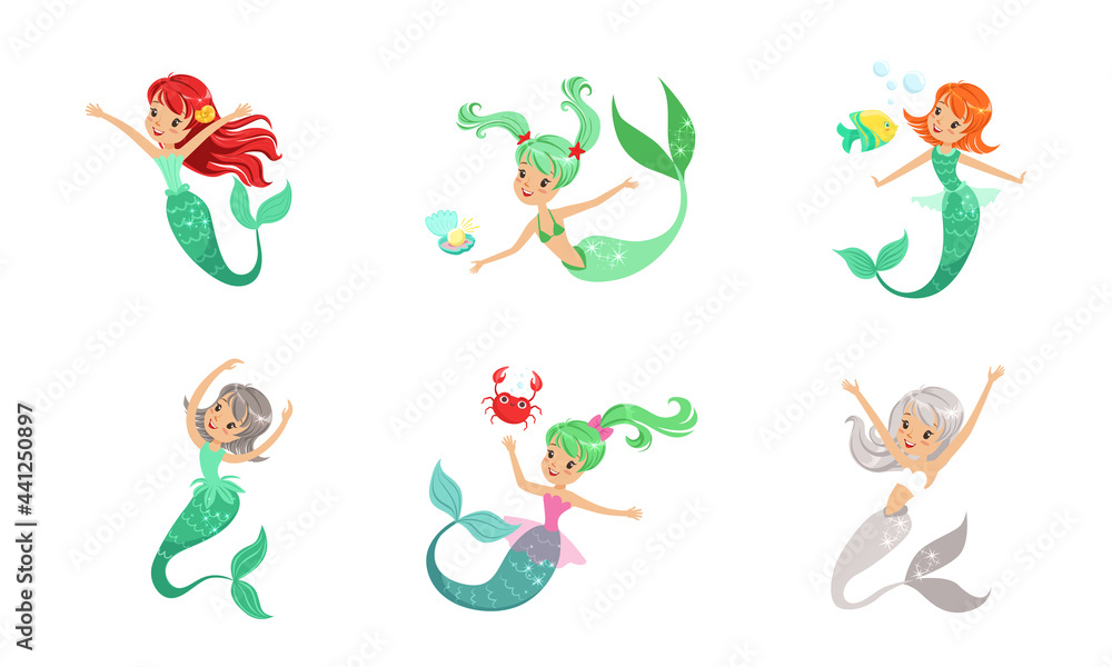 Little Cute Mermaids Set, Beautiful Mythical Colorful Marine Creatures Cartoon Vector Illustration Little Cute Mermaids Set, Beautiful Mythical Colorful Marine Creatures Cartoon Vector Illustration