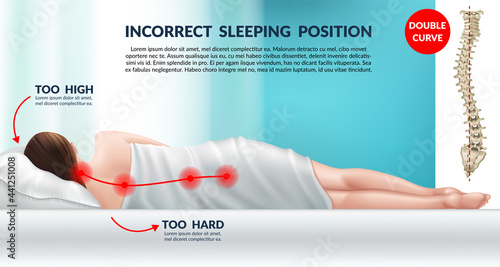 Incorrect posture for sleep on a regular pillow. Wrong position cervical vertebrae. Spinal curvature. 3d realistic vector illustration.