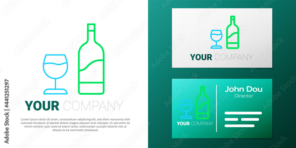 Line Wine bottle with glass icon isolated on white background. Colorful outline concept. Vector
