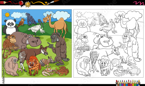 cartoon wild animals characters group coloring book page