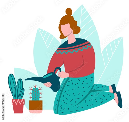 A young woman sits on her knees and waters a watering cactus. Girl in a flat style with plants, presented on such a background. The concept of reviewing houseplants and gardening. 