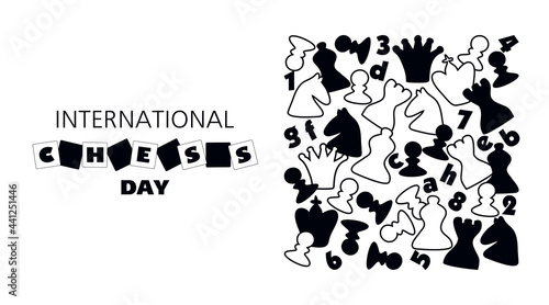 International chess day. July 20. Holiday greeting poster. White isolated background. Text. Doodle style. Vector illustration