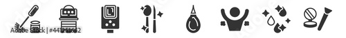 filled set of hygiene icons. glyph vector icons such as toilet brush, paper towel, water heater, food hygiene, nasal aspirator, cosmetics. vector illustration.