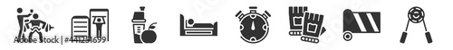 filled set of gym and fitness icons. glyph vector icons such as trainers, tightening bar, good diet, sleep, big stopwatch, sport expander. vector illustration.