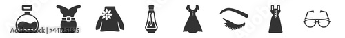 filled set of woman clothing icons. glyph vector icons such as circular perfume bottle, female sexy dress, skirt with white lining, perfume, female dress, childish eyeglasses. vector illustration.