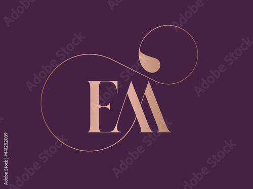 EM monogram logo.Typographic signature icon.Decorative letter e and letter m.Lettering sign isolated on dark fund.Wedding, fashion, beauty alphabet initials.Elegant, luxury style.Rose gold color.