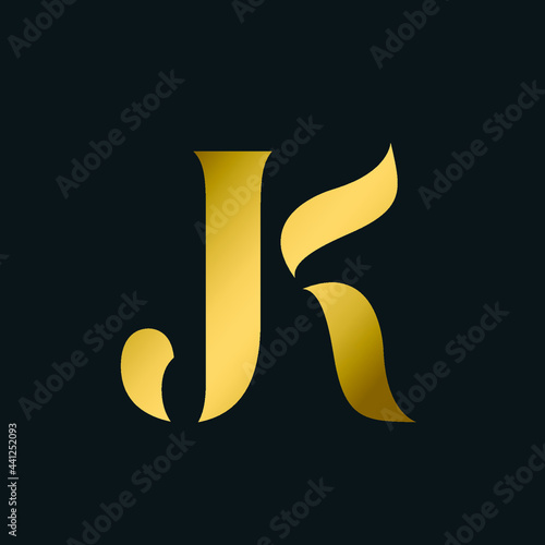 JK monogram logo.Typographic signature icon.Letter j and letter k.Lettering sign isolated on dark fund.Wedding, fashion, beauty alphabet initials.Elegant, luxury style.Gold color.
