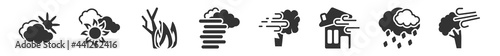 filled set of meteorology icons. glyph vector icons such as overcast, spring, woods on fire, tornado season, broken tree by wind, wind and bend trees. vector illustration.