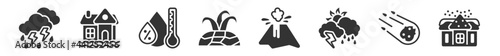 filled set of meteorology icons. glyph vector icons such as thunder storm, flooding house, humidity, plant on drought, erupting volcano, snowy house. vector illustration.