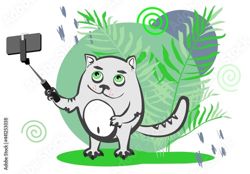 Cat blogger with a phone. Cheerful cat takes a selfie. Cartoon style.