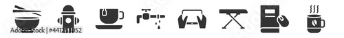 filled set of tools and utensils icons. glyph vector icons such as bowl and chopsticks of japan, water bomb city supplier, cup of tea, pipe losing water, tablet with hand, hot cup coffee. vector
