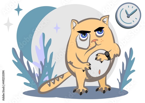 Ginger displeased cat. An angry cat is waiting for his girlfriend under the clock. Cartoon style.