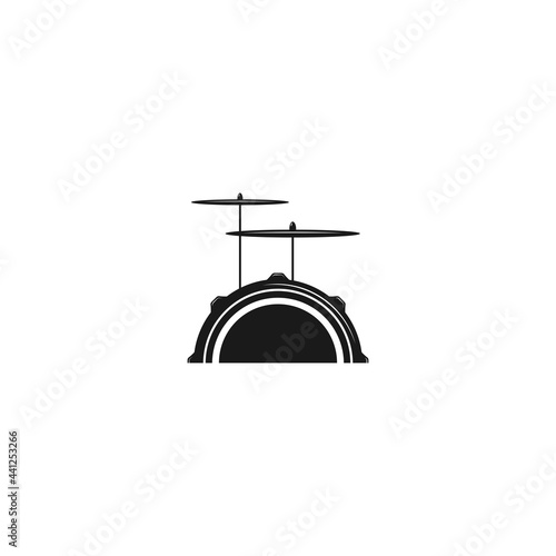 Vector logo of rock school or rock band. Snare drum with drumsticks and cymbals.