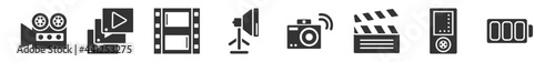 filled set of electronic stuff fill icons. glyph vector icons such as old video camera, video file list, photogram, reflector, shake camera, full battery. vector illustration.