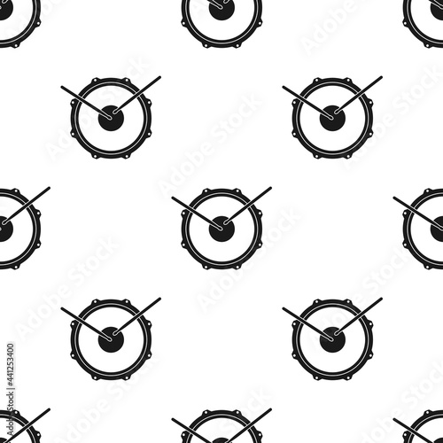 Seamless ornament with Snare drum and drumsticks. Rock music pattern.