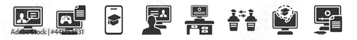 filled set of e learning and education icons. glyph vector icons such as online training, game-based learning, mobile learning, online coaching, workspace, computer-based training. vector