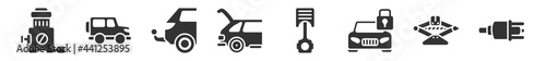 filled set of car parts icons. glyph vector icons such as car choke, car hard top, towbar, boot, piston, distributor. vector illustration.