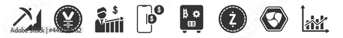 filled set of cryptocurrency economy icons. glyph vector icons such as mining, yen, economist, fintech industry, proof of stake, stocks. vector illustration.