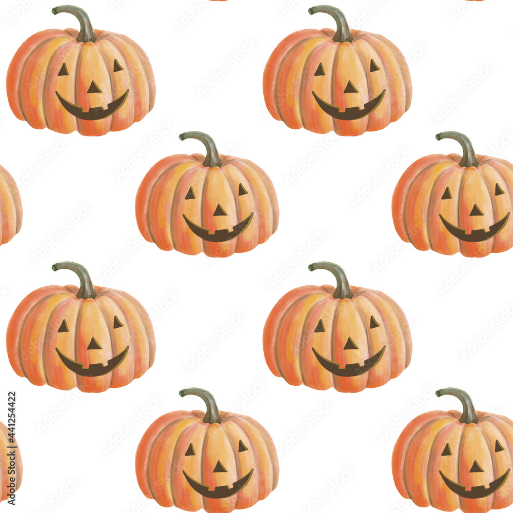 Seamless Halloween Pattern with cute Pumpkins. Hand drawn watercolor Background for banner or wrapping paper Seamless Halloween Pattern with cute Pumpkins. Hand drawn watercolor Background for banner or wrapping paper