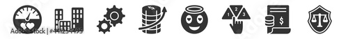 filled set of ethics icons. glyph vector icons such as gauge, city, setting, profit, smileys, guard. vector illustration.