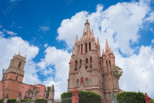 San Miguel de Allende church in Guanajuato Mexico, summer day with blue sky, touristic place, magical town