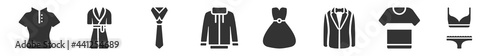 filled set of clothes icons. glyph vector icons such as kurta, housecoat, necktie, windbreaker, vintage dress, bra & knicker. vector illustration.