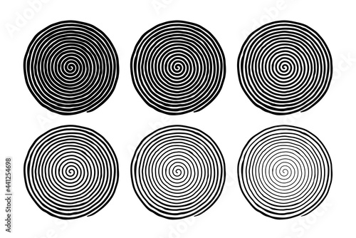 Irregular hand drawn spiral set, with six different line thicknesses. Flat vector drawings isolated on white background, EPS 8.