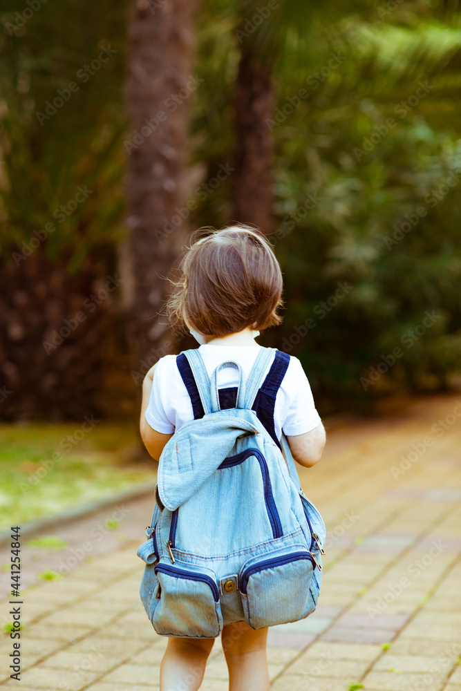 Fototapeta premium little girl, schoolgirl, goes to school with a backpack, rear view