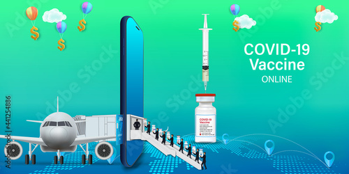 Vaccine on Mobile Application , Covid-19 vaccine Online on Website or smartphone as protection, healthcare concept, Vector illustration..