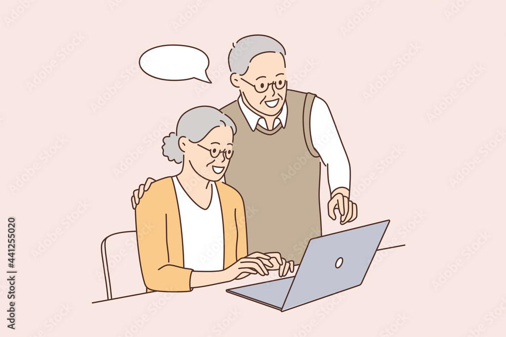 Senior people and technologies concept. Positive mature elderly couple using laptop together learning computer communicating online together vector illustration 