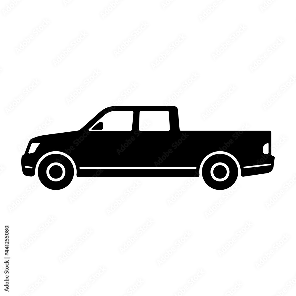 Pickup truck icon. Black silhouette. Side view. Vector simple flat graphic illustration. The isolated object on a white background. Isolate.
